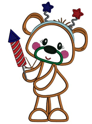 4th Of July Bear Holding Fireworks Applique Machine Embroidery Design Digitized Pattern