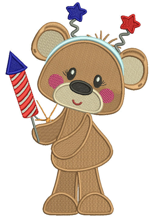 4th Of July Bear Holding Fireworks Filled Machine Embroidery Design Digitized Pattern