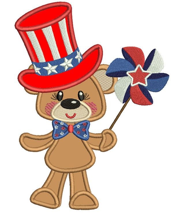 4th Of July Bear Holding Pinwheel Wearing USA Hat Applique Machine Embroidery Design Digitized Pattern