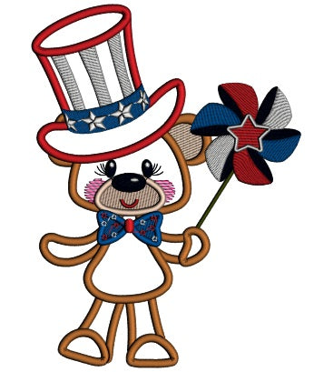 4th Of July Bear Holding Pinwheel Wearing USA Hat Applique Machine Embroidery Design Digitized Pattern