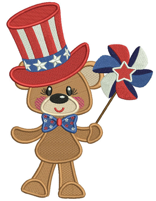 4th Of July Bear Holding Pinwheel Wearing USA Hat Filled Machine Embroidery Design Digitized Pattern