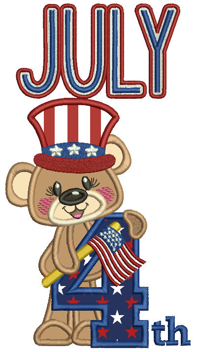 4th Of July Bear Holding a Flag Independence Day Applique Machine Embroidery Design Digitized Pattern