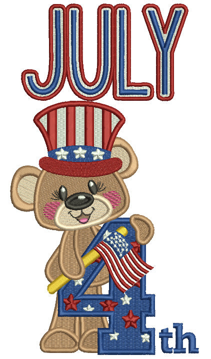 4th Of July Bear Holding a Flag Independence Day Filled Machine Embroidery Design Digitized Pattern