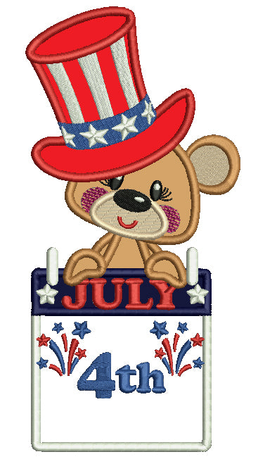 4th Of July Bear Wearing USA Hat Applique Machine Embroidery Design Digitized Pattern