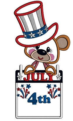 4th Of July Bear Wearing USA Hat Applique Machine Embroidery Design Digitized Pattern