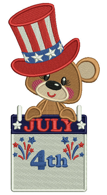 4th Of July Bear Wearing USA Hat Filled Machine Embroidery Design Digitized Pattern