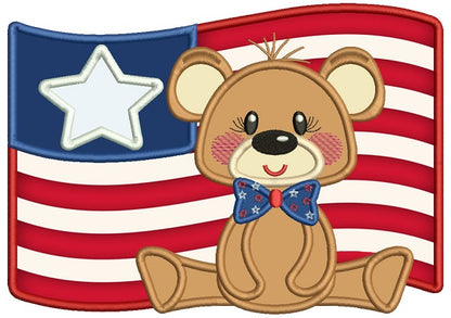 4th Of July Bear With Big American Flag Applique Machine Embroidery Design Digitized Pattern