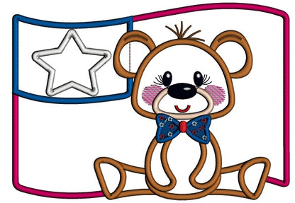 4th Of July Bear With Big American Flag Applique Machine Embroidery Design Digitized Pattern