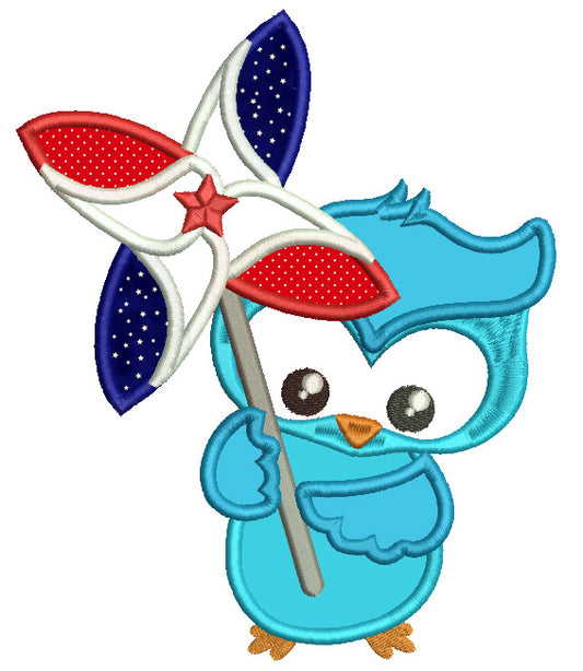 4th of July Owl Holding a Pinwheel Applique Machine Embroidery Design Digitized Pattern