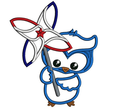 4th of July Owl Holding a Pinwheel Applique Machine Embroidery Design Digitized Pattern