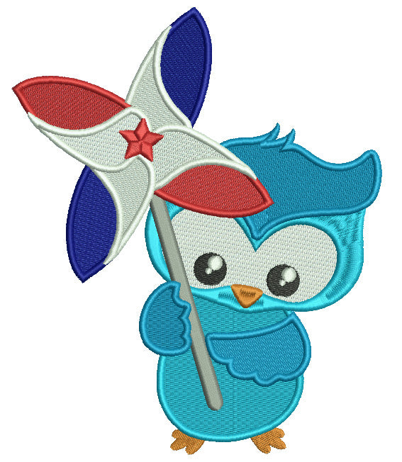 4th of July Owl Holding a Pinwheel Filled Machine Embroidery Design Digitized Pattern