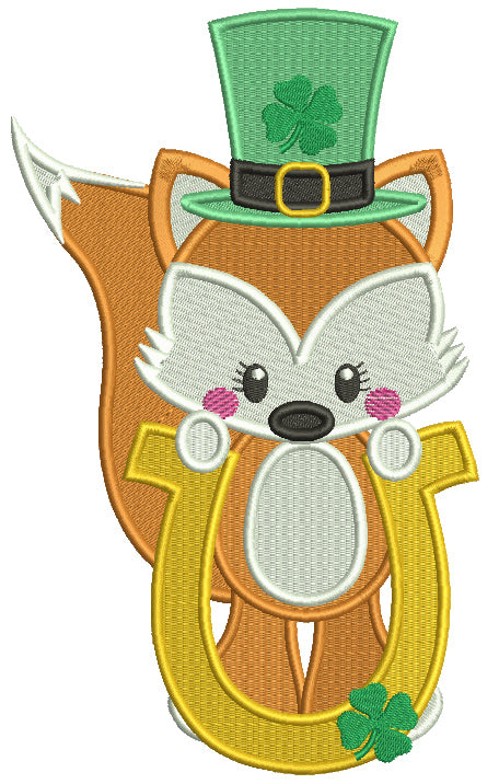 Little Fox Holding a Horseshoe With Shamrock Filled St. Patrick's Day Machine Embroidery Design Digitized Pattern