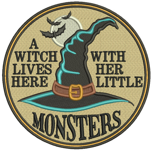 A Witch Lives Here With Her Little Monster Halloween Filled Machine Embroidery Design Digitized Pattern