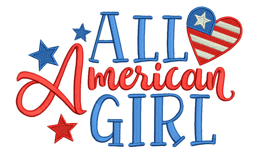 All American Girl With Heart Patriotic Filled Machine Embroidery Design Digitized Pattern