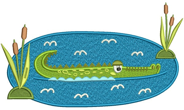 Alligator In A Swamp Filled Machine Embroidery Digitized Design Pattern