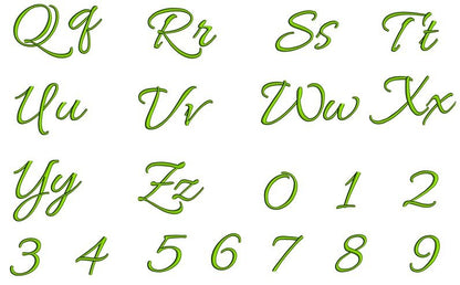Allura Satin Script Machine Embroidery Font Upper and Lower Case 1 2 3 inches