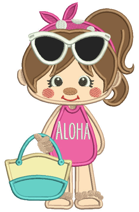 Aloha Little Girl Wearing Sunglasses Applique Machine Embroidery Design Digitized Pattern