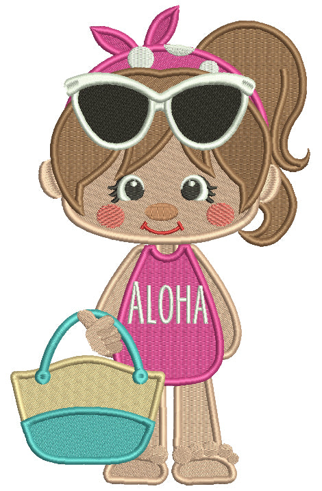 Aloha Little Girl Wearing Sunglasses Filled Machine Embroidery Design Digitized Pattern