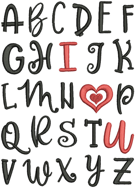 Alphabet I Love You Valentine's Day Filled Machine Embroidery Design Digitized Pattern