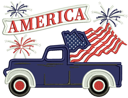 America Truck With a Flag Patriotic Applique Machine Embroidery Design Digitized Pattern
