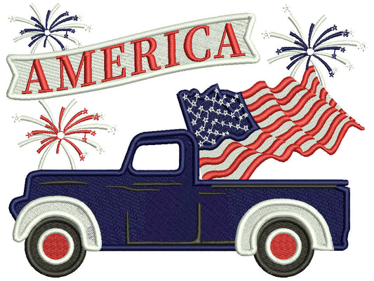 America Truck With a Flag Patriotic Filled Machine Embroidery Design Digitized Pattern