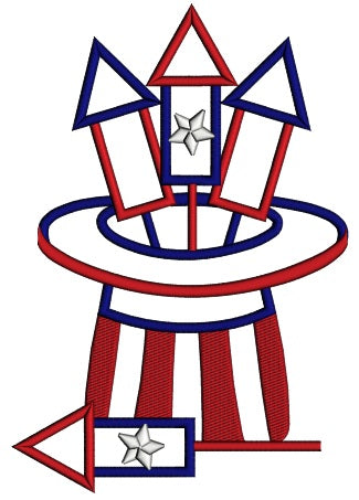 American Hat Fireworks 4th of July Independence Day Applique Machine Embroidery Digitized Design Pattern