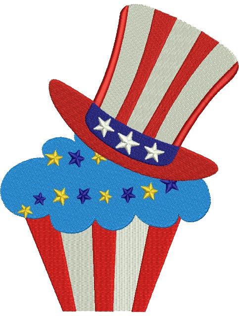 American Hat on a Cupcake 4th of July Independence Day Filled Machine Embroidery Digitized Design Pattern