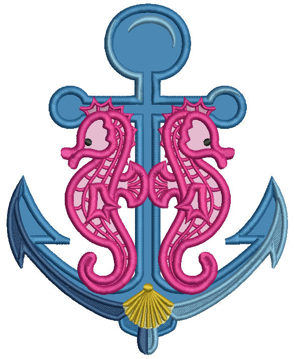 Anchor With Two Seahorses Applique Machine Embroidery Design Digitized Pattern