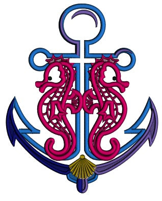 Anchor With Two Seahorses Applique Machine Embroidery Design Digitized Pattern