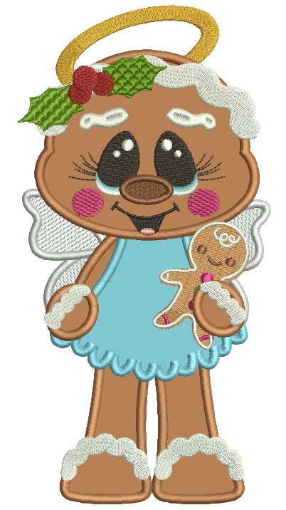 Angel Gingerbread Girl Holding Gingerbread Man Fall Applique Thanksgiving Machine Embroidery Design Digitized Pattern
