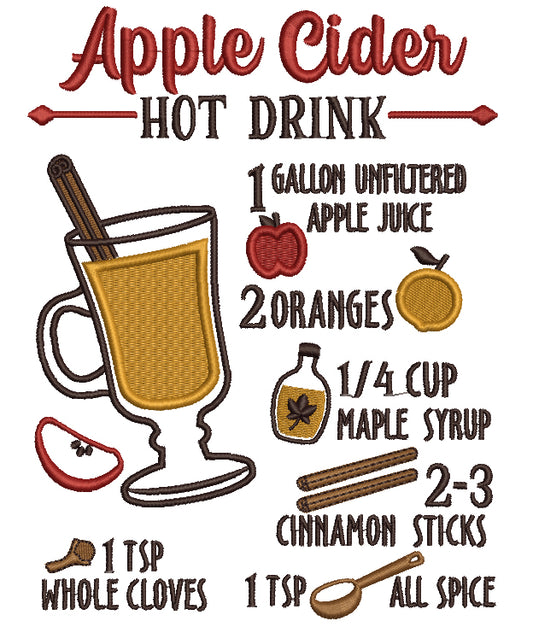 Apple Cider Hot Drink Recipe Fall Filled Machine Embroidery Design Digitized Pattern