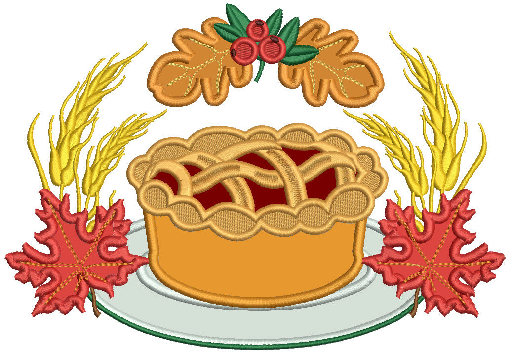 Apple Pie And Fall Leaves Thanksgiving Applique Machine Embroidery Design Digitized Pattern