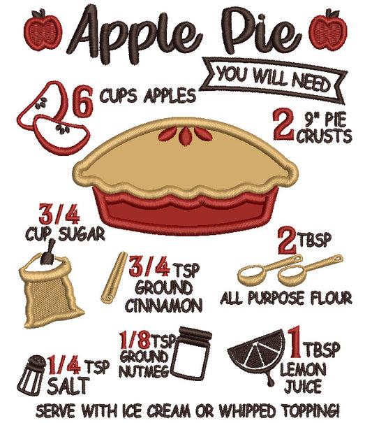 Apple Pie Recipe Fall Applique Machine Embroidery Design Digitized Pattern