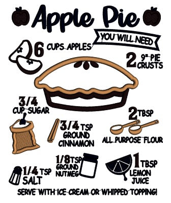 Apple Pie Recipe Fall Applique Machine Embroidery Design Digitized Pattern