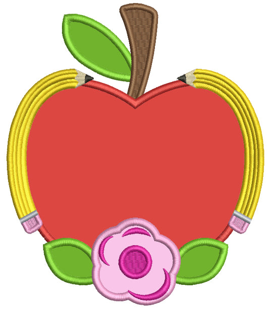 Apple With Pencils And Flowers School Applique Machine Embroidery Design Digitized Pattern