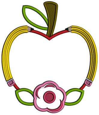 Apple With Pencils And Flowers School Applique Machine Embroidery Design Digitized Pattern