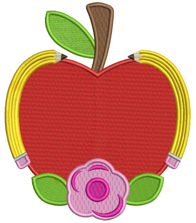 Apple With Pencils And Flowers School Filled Machine Embroidery Design Digitized Pattern