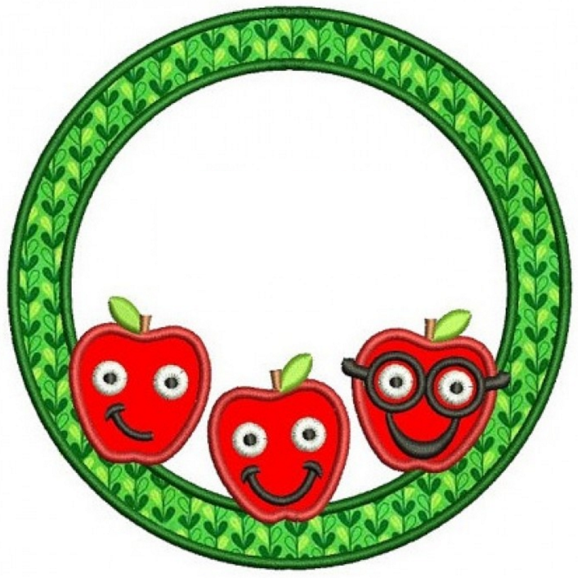 Apples Applique Circle Frame School Machine Embroidery Digitized Design Pattern -Instant Download- 4x4,5x7,6x10