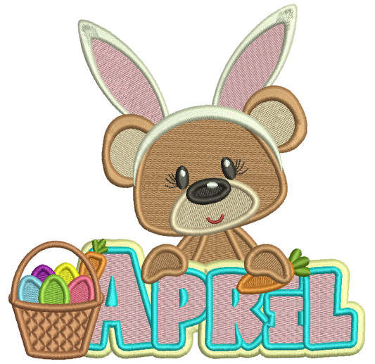 April Bear Wearing Bunny Ears Easter Filled Machine Embroidery Design Digitized Pattern