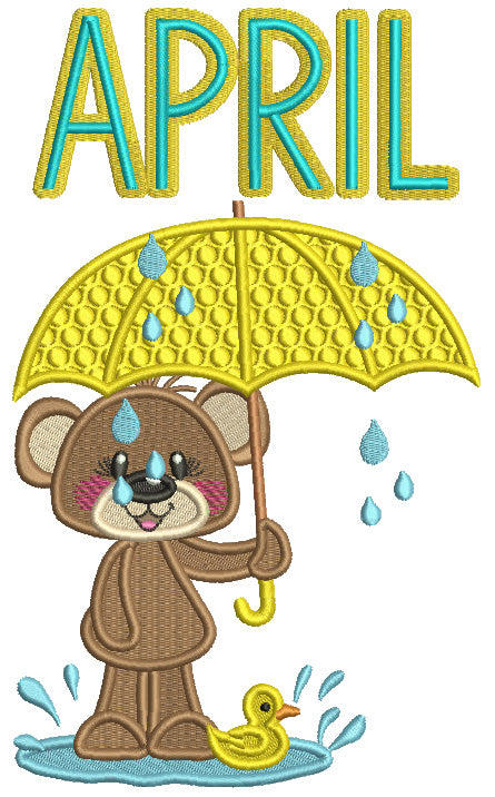 April Little Bear Holding Umbrella Filled Machine Embroidery Design Digitized Pattern