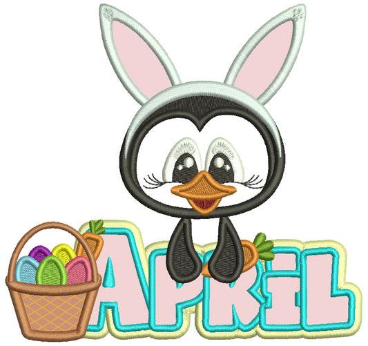 April Penguin Wearing Bunny Ears With Eggs Easter Applique Machine Embroidery Design Digitized Pattern