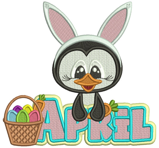 April Penguin Wearing Bunny Ears With Eggs Easter Filled Machine Embroidery Design Digitized Pattern