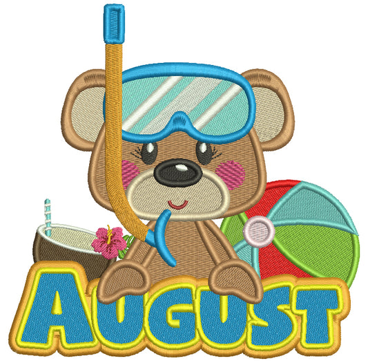 August Bear With Beach Ball Summer Filled Machine Embroidery Design Digitized Pattern