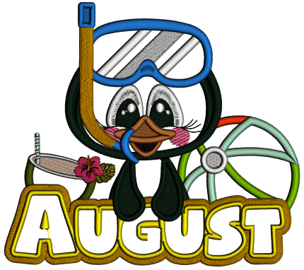 August Penguin With a Beach Ball Applique Machine Embroidery Design Digitized Pattern