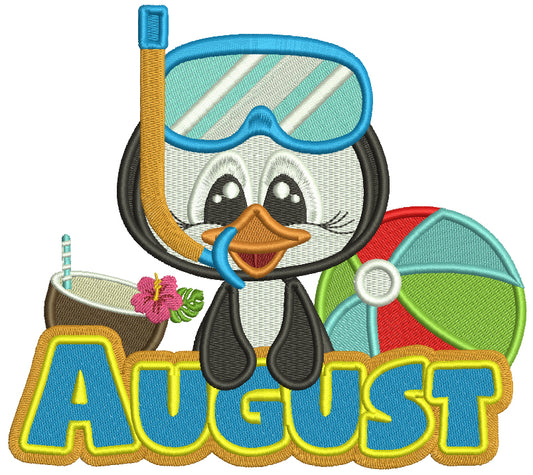 August Penguin With a Beach Ball Filled Machine Embroidery Design Digitized Pattern