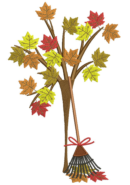 Autumn Leaves and a Rake Fall Filled Machine Embroidery Digitized Design Pattern