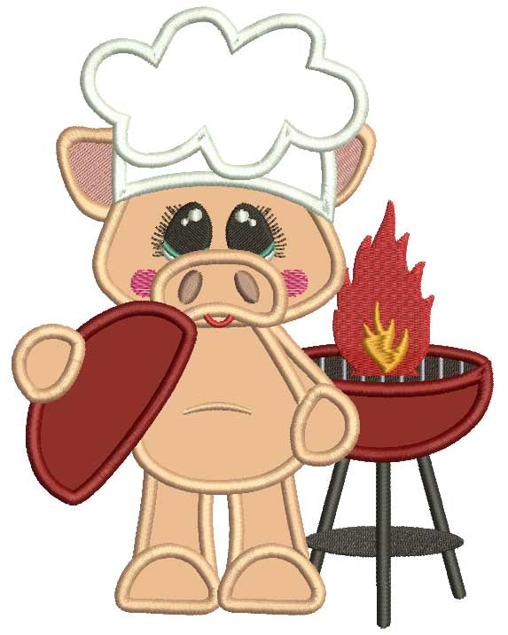 BBQ Chef Piggy With a Cute Smile Applique Machine Embroidery Design Digitized Pattern