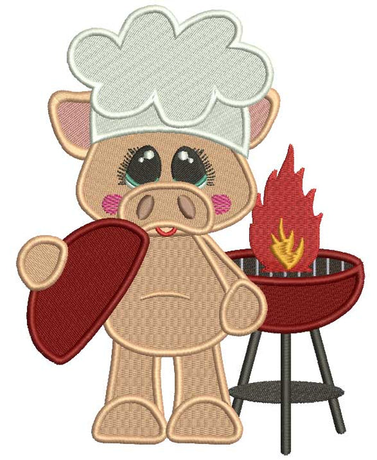 BBQ Chef Piggy With a Cute Smile Filled Machine Embroidery Design Digitized Pattern