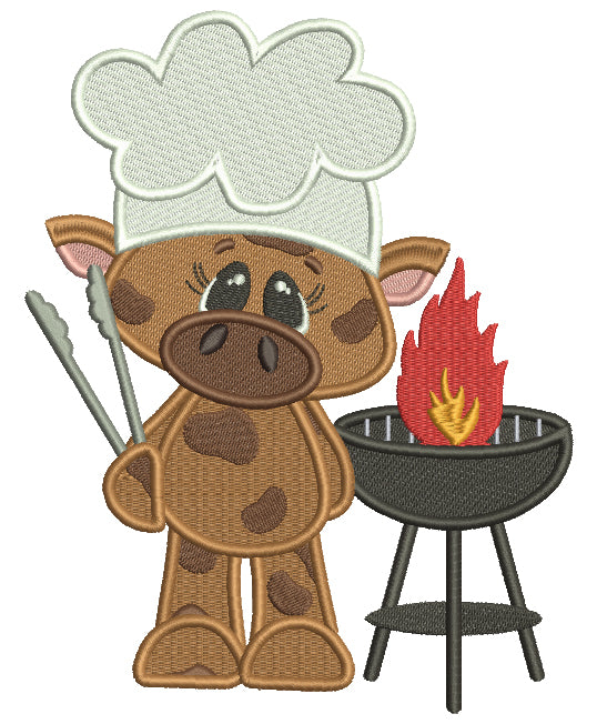 BBQ Cute Cow Chef Filled Machine Embroidery Design Digitized Pattern