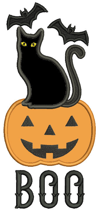 BOO Black Cat Is Sitting on a Pumpkin Halloween Applique Machine Embroidery Design Digitized Pattern